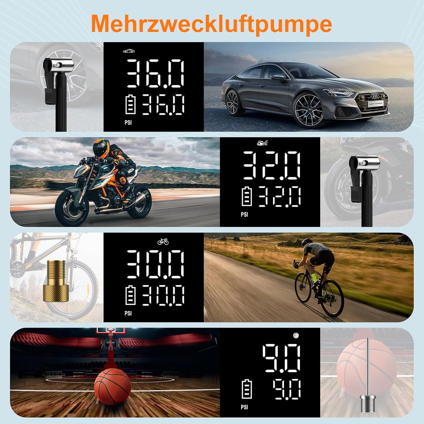 Elektrische Luftpumpe- Akku Kompressor 7800Mah, 150PSI Akku Luftpumpe, Kompakte Elektrischer Kompressor Fahrradpumpe Und Aufpumpbare Produkt Mit Manometer Für Auto Fahrrad Motorrad Bälle