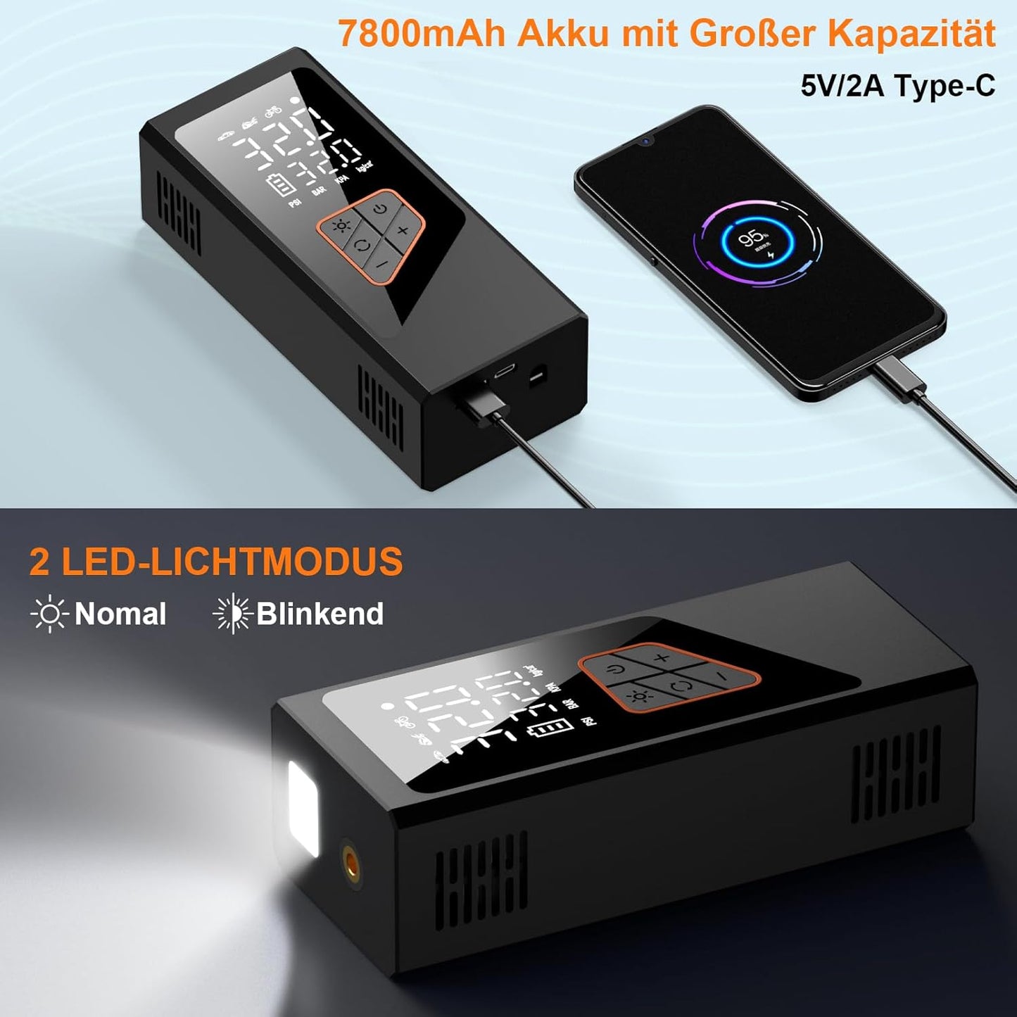 Elektrische Luftpumpe- Akku Kompressor 7800Mah, 150PSI Akku Luftpumpe, Kompakte Elektrischer Kompressor Fahrradpumpe Und Aufpumpbare Produkt Mit Manometer Für Auto Fahrrad Motorrad Bälle