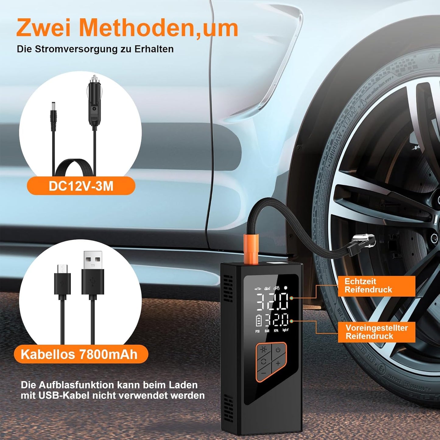 Elektrische Luftpumpe- Akku Kompressor 7800Mah, 150PSI Akku Luftpumpe, Kompakte Elektrischer Kompressor Fahrradpumpe Und Aufpumpbare Produkt Mit Manometer Für Auto Fahrrad Motorrad Bälle