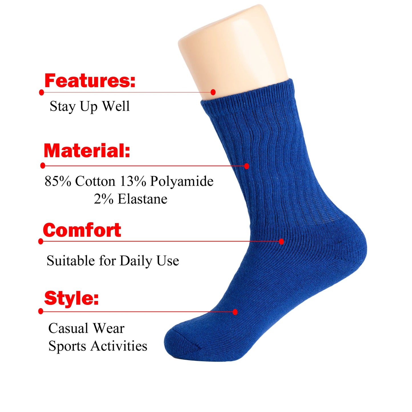 Royal Blue Crew Socks for Women – 3 Pairs, Soft Cotton, Breathable & Cushioned for All-Day Comfort, Shoe Size 5-10