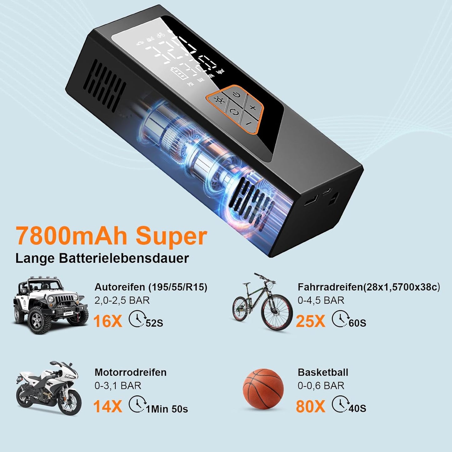 Elektrische Luftpumpe- Akku Kompressor 7800Mah, 150PSI Akku Luftpumpe, Kompakte Elektrischer Kompressor Fahrradpumpe Und Aufpumpbare Produkt Mit Manometer Für Auto Fahrrad Motorrad Bälle