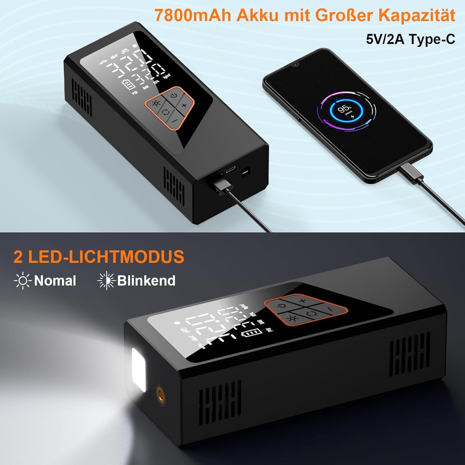 Elektrische Luftpumpe- Akku Kompressor 7800Mah, 150PSI Akku Luftpumpe, Kompakte Elektrischer Kompressor Fahrradpumpe Und Aufpumpbare Produkt Mit Manometer Für Auto Fahrrad Motorrad Bälle